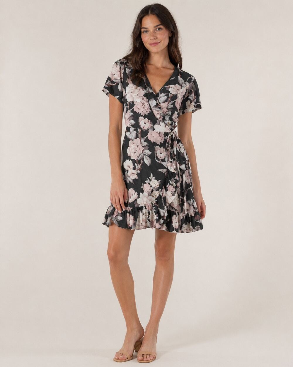 PAIGE Womens Black Floral Wrap Dress Ruffle Hem Short Sleeve Mini Rayon Small